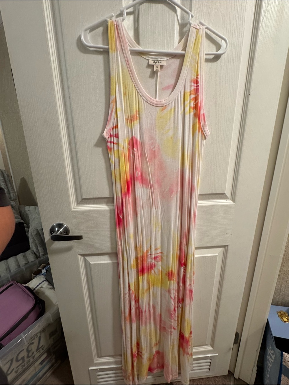 Style & Co. Women's Sleeveless Maxi Dress in White with Pink and Yellow Tie-Dye